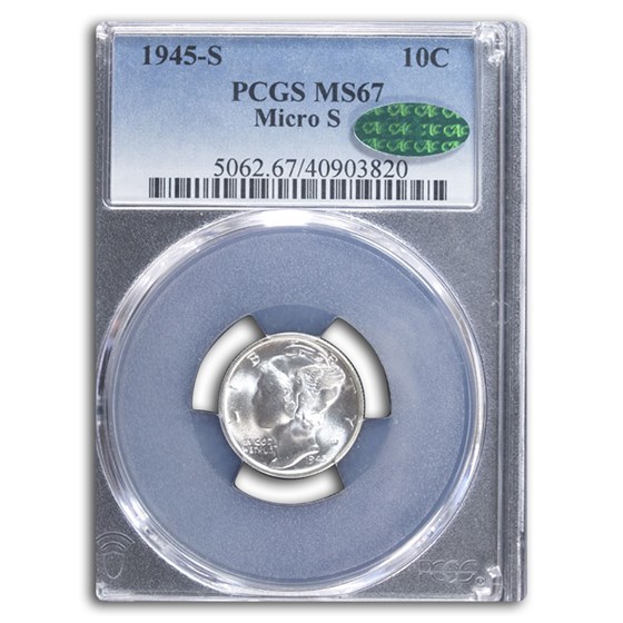 1945-S Mercury Dime MS-67 PCGS CAC (Micro S) 1945-S Mercury Dime MS-67 PCGS CAC (Micro S)